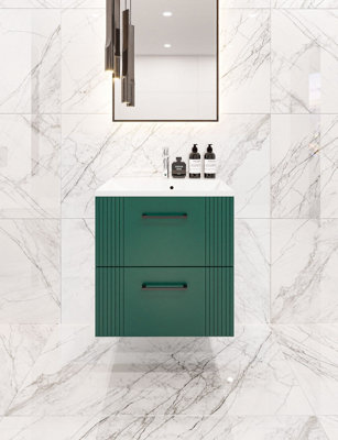600mm wall hung green bathroom vanity unit with basin and drawers