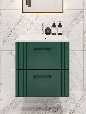 600mm wall hung green bathroom vanity unit with basin and drawers
