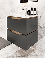 600mm wall hung grey bathroom vanity unit with basin and drawers