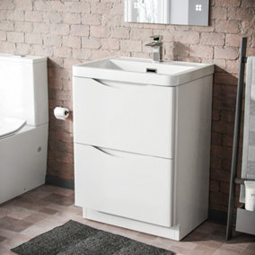 600mm White Basin Vanity Unit 2 Drawer Bathroom Storage Cabinet Gloss
