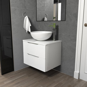 600mm White Bathroom Wall Hung Vanity Round Ceramic Countertop Basin