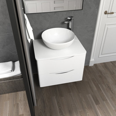 600mm White Bathroom Wall Hung Vanity Round Ceramic Countertop Basin