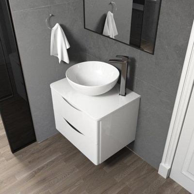 600mm White Bathroom Wall Hung Vanity Round Ceramic Countertop Basin