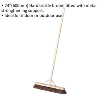 600mm Wide Hard Bristled Broom - Wooden Brush Handle - Metal Support Beam