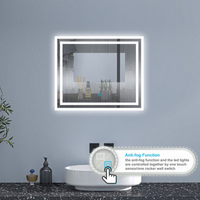 600x500mm Bathroom Illuminated LED Mirror with Demister Pad 3 Colors  Dimming, Memory Touch/Wall Switch Vertical/Horizontal