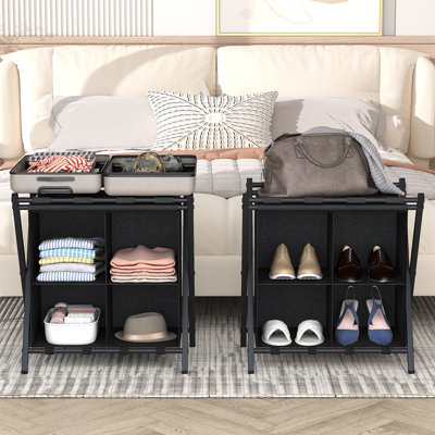Huhote Two Tier Metal Folding Luggage Rack Stand With Storage 2 X Black Suitcase Stands For Home Hotel Suitcase Holders from B&Q