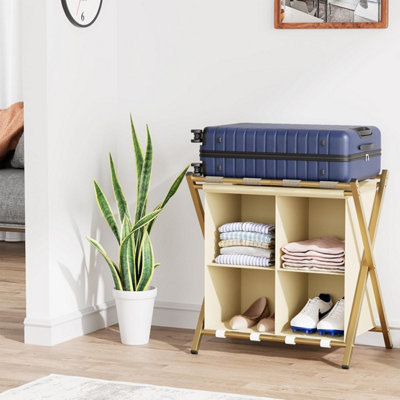 Huhote Gold Two Tier Metal Folding Luggage Rack With Storage And Shoe Rack Portable Suitcase Stand For Home Bedroom from B&Q