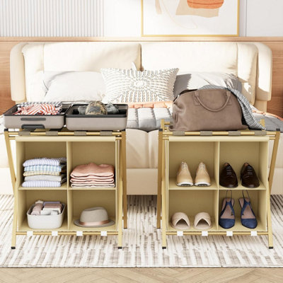 Huhote Two Tier Metal Folding Luggage Rack Stand With Storage 2 X Gold Suitcase Stands For Home Hotel Suitcase Holders from B&Q