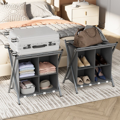 Huhote Two Tier Metal Folding Luggage Rack Stand With Storage 2 X Grey Suitcase Stands For Home Hotel Suitcase Holders from B&Q