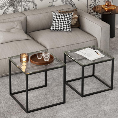B&Q -  Two Piece Nesting Side Tables With Black Metal Frame And Glass Top Diameter 50 45 Cm Coffee Table Side End Table For Home