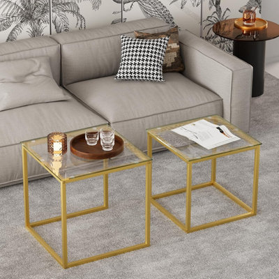 B&Q -  Two Piece Nesting Side Tables With Gold Metal Frame And Glass Top Diameter 50 45 Cm Coffee Table Side End Table For Home