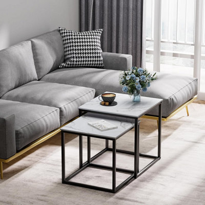 B&Q -  Two Piece Nesting Side Tables With Black Metal Frame And White Marble Top Diameter 50 45 Cm Coffee Table End Table For Home
