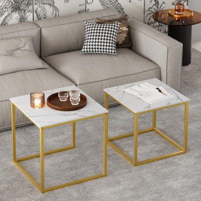 Huhote Two Piece Nesting Side Tables With Gold Metal Frame And White Marble Top Diameter 50 45 Cm Coffee Table End Table For Home from B&Q