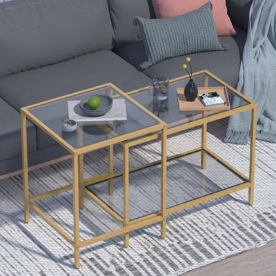 B&Q -  Modern Two Piece Nesting Side Tables With Gold Metal Frame And Glass Top Diameter 60 40 Cm Coffee Table End Table For Home