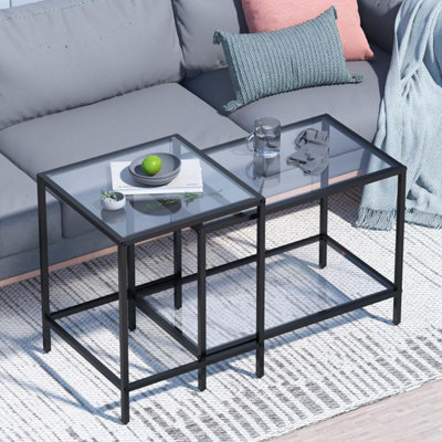 Huhote Modern Two Piece Nesting Side Tables With Black Metal Frame And Glass Top Diameter 60 40 Cm Coffee Table End Table For Home from B&Q