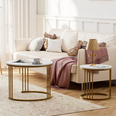 B&Q -  Two Piece Nesting Round Side Tables With Gold Metal Frame And White Marble Finish Top Diameter 23.6/15.7 In Coffee Table