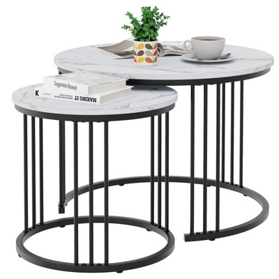 B&Q -  Two Piece Nesting Round Side Tables With Black Metal Frame And White Marble Finish Top Diameter 23.6/15.7 In Coffee Table