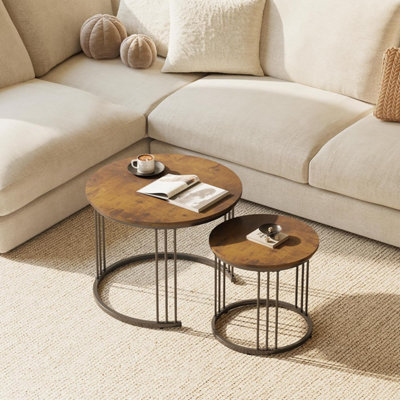 B&Q -  2 Pcs Nesting Round Side Tables With Rustic Brown Finish Diameter 23.6 15.7 In Coffee Table End Table Metal Frame For Home