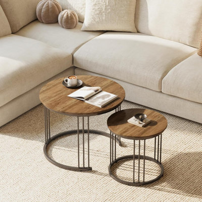 B&Q -  2 Set Nesting Round Side Tables With Metal Frame Brown Finish Diameter 23.6/15.7 In Coffee Table End Table For Home Office
