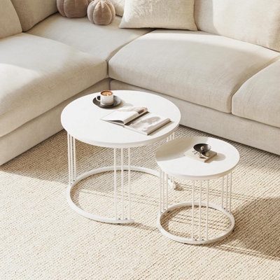 B&Q -  2 Set Nesting Round Side Tables White Finish 23.6/15.7 In Coffee Table End Table For Living Room Balcony Office Apartment