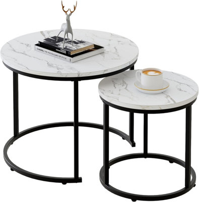 B&Q -  2 Set Nesting Tables Round Side Tables Black Metal Frame 23.6/15.7 In Coffee Table End Table For Living Room Balcony Office