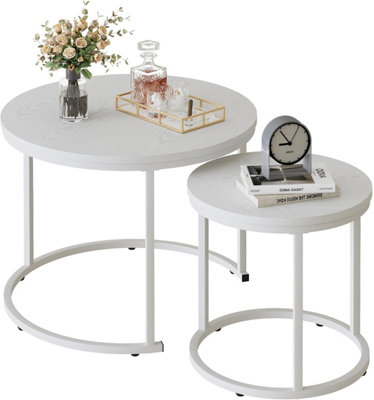 B&Q -  Two Piece White Nesting Tables Round Side Tables With Metal Frame 23.6/15.7 In Coffee Table End Table For Home Office