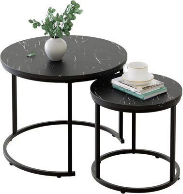 B&Q -  2 Pcs Nesting Round Side Tables With Black Metal Frame And Black Wood Marble Finish Top 23.6/15.7 In Coffee Table End Table