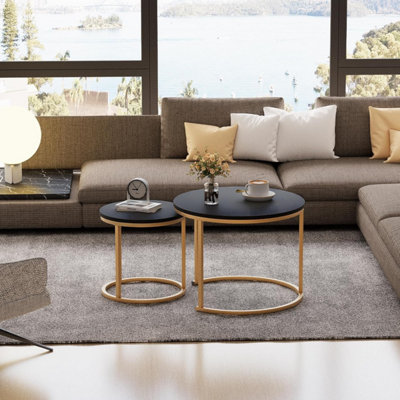 B&Q -  2 Pcs Nesting Tables Round Side Tables With Gold Metal Frame And Black Top 23.6/15.7 In Home Office Coffee Table End Table