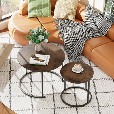 B&Q -  Two Piece Nesting Round Side Tables With Black Metal Frame And Brown Top Diameter 23.6 And 15.7 In Coffee Table End Table
