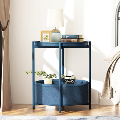 Huhote Two Tier Blue Round End Table With Fabric Storage Basket Bedside Nightstand For Small Space