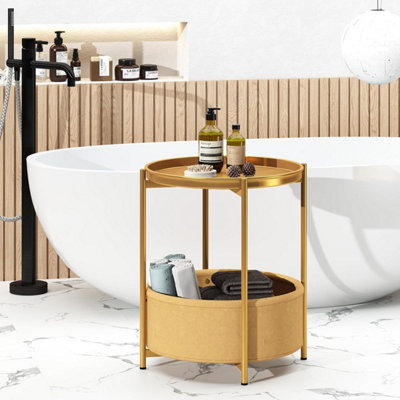 Huhote Two Tier Gold Round End Table With Fabric Storage Basket Bedside Nightstand For Small Space