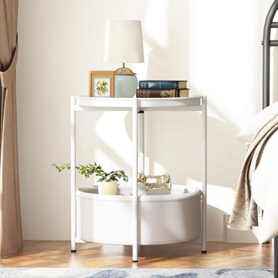 B&Q -  White Fabric 2 Tier Round End Side Table With Storage Basket Bedroom Living Room Nightstand