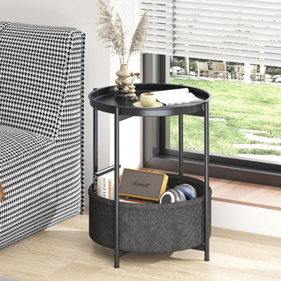 B&Q -  Black Fabric 2 Tier Round End Side Table With Storage Basket Bedroom Living Room Nightstand