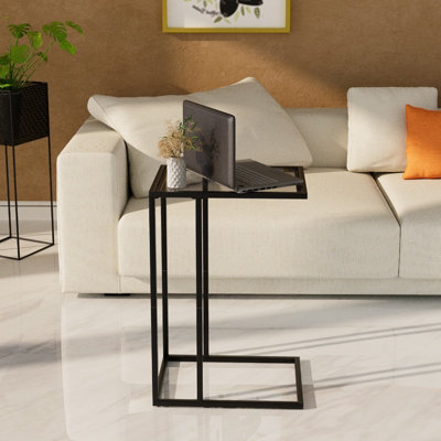 B&Q -  Black Glass C Shaped End Side Table With Metal Frame For Couch Sofa Living Room Bedroom 50X35X60 Cm