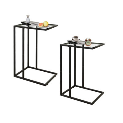 B&Q -  Black Glass C Shaped End Side Table Set Of 2 With Metal Frame For Couch Sofa Living Room Bedroom