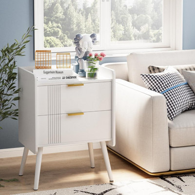 Huhote White Wooden Two Drawer Bedside Nightstand Cabinet With Two Tier Storage And Wooden Legs 16.3X11.8X22.8 Inches