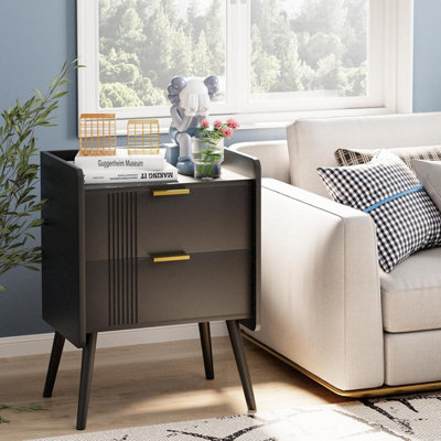 B&Q -  Black Wooden Bedside Table Nightstand End Table With 2 Storage Drawers Bedroom 41X30X58 Cm Bedside Cabinet