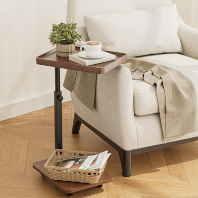 B&Q -  Rustic Brown Height Adjustable 360 Degree Swivel C Shaped End Table With Wheels For Sofa Bedroom