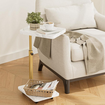 B&Q -  White And Gold Height Adjustable 360 Degree Swivel C Shaped End Table With Wheels For Sofa Bedroom