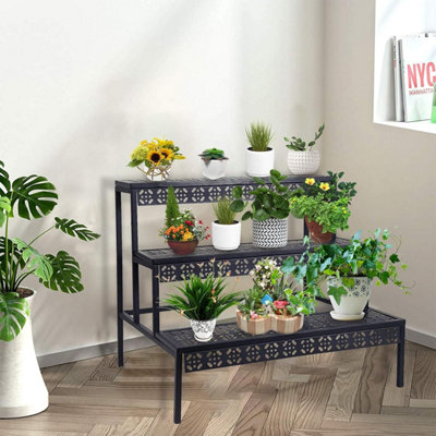 B&Q -  Three Tier Black Metal Rectangle Corner Plant Stand Shelf Heavy Duty Ladder Flower Rack Indoor Outdoor