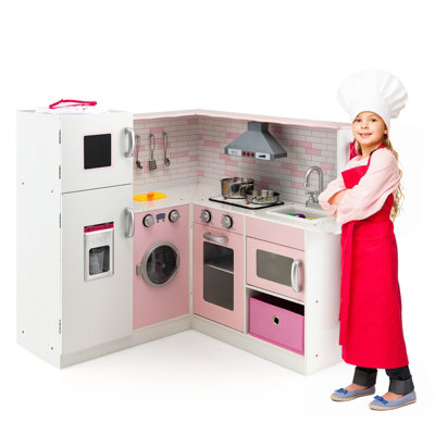Costway Kids Corner Kitchen Playset Pretend Wooden Play Kitchen Toy W/ Apron Chef Hat from B&Q