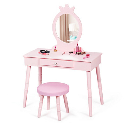 B&Q -  Kids Vanity Table Set Makeup Dressing Table With Cushioned Stool-Pink