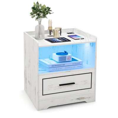 B&Q -  Led Nightstand Smart Bedside Table Cabinet Side End Table W/ Usb Ports & Drawer