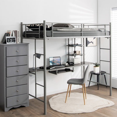 Costway 3.5 Ft Single Metal Loft Bed Frame High Sleeper Bunk Bed W/ Desk-Silver