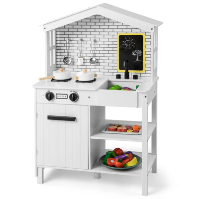 Costway Kitchen Playset Wooden Pretend Kitchen Toys Play Cooking Set With Blackboard