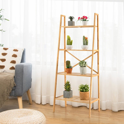 B&Q -  4-Tier Ladder Shelf Bamboo Bookshelf Bookcase Storage Organizer Plant Stand