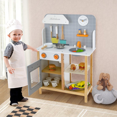 B&Q -  Wooden Kids Play Kitchen Pretend Children Role Play Cooking Set Toy W/ Cookware