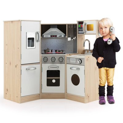B&Q -  Kids Corner Play Kitchen Wooden Kitchen Playset 9 In 1 Pretend Cooking Toy Realistic Sounds