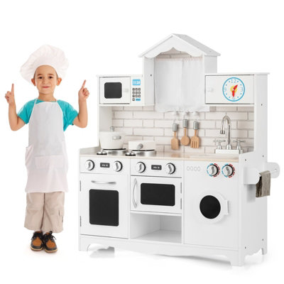 B&Q -  Kids Play Kitchen Wooden Cooking Pretend Playset Cookware Toddler Gift