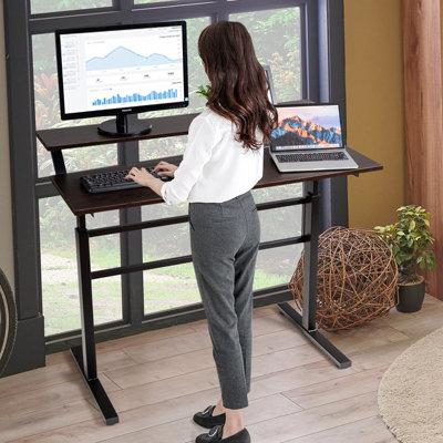 B&Q -  2-Tier Standing Computer Desk Sit To Stand Workstation Ergonomic Computer Table Brown